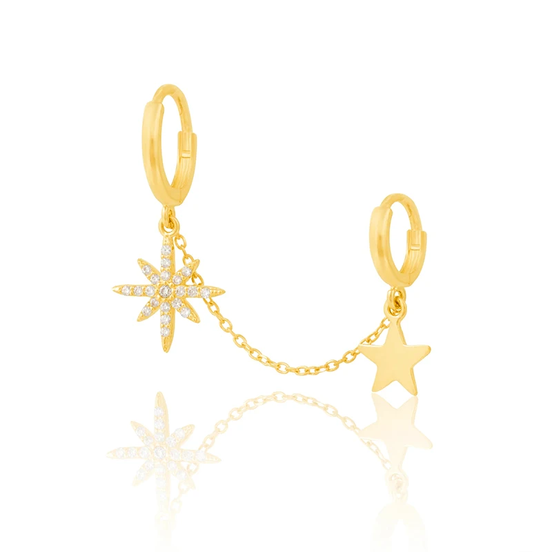 

Fashion romantic jewelry double star diamond pendant 925 silver zircon gold plated chain drop earrings, Gold/white