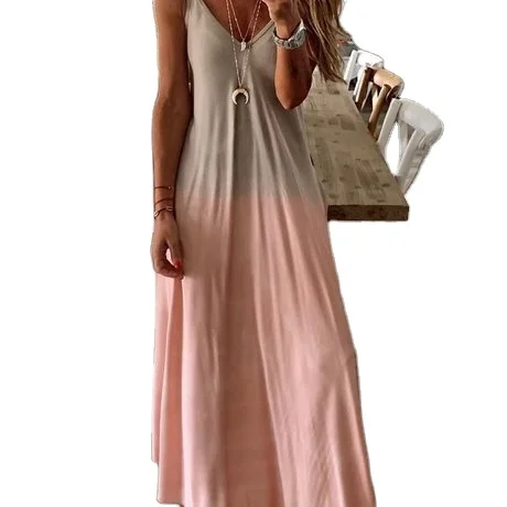 

New Wholesale Large Size Long Skirt Casual Letter Printing Sexy V-neck Gradient Suspender Dress, Customized color