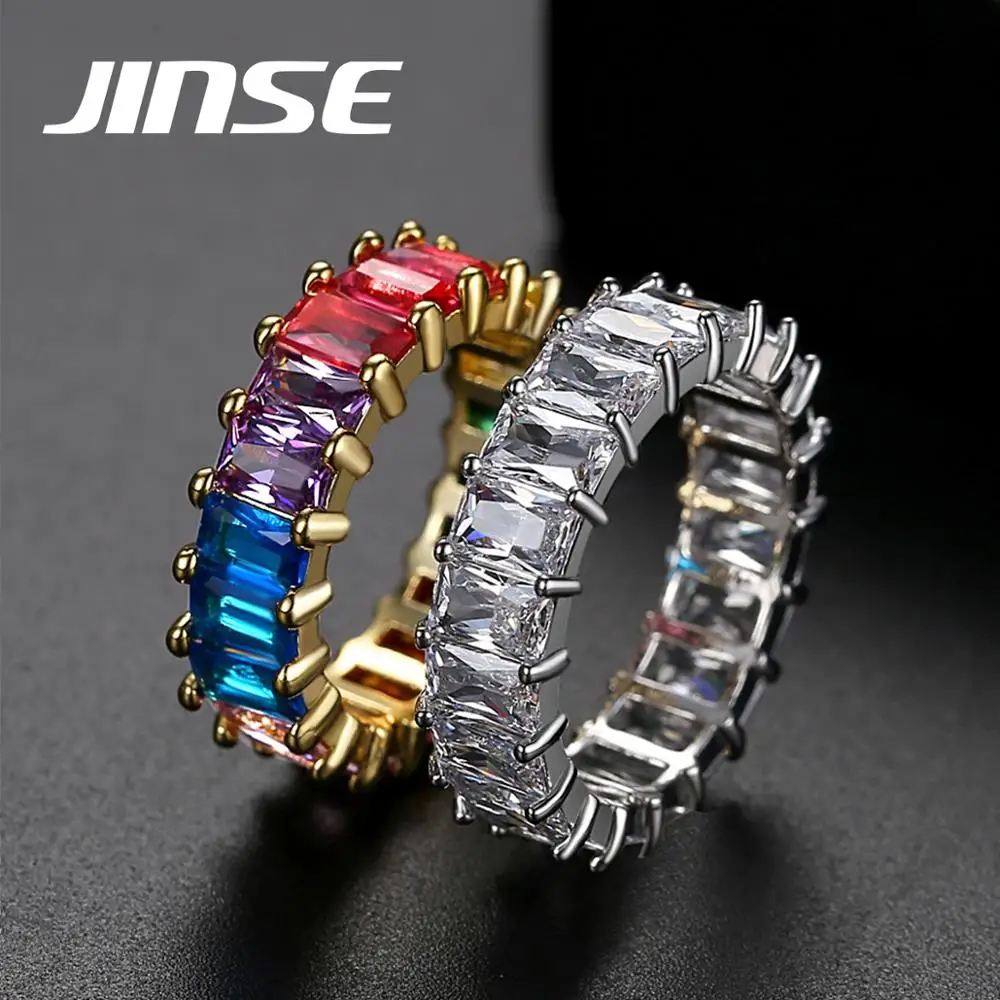 

JINSE Rainbow Gemstone Eternity Band Ring Zircon Stone Cubic Zirconia CZ Fashion Gold Baguette Diamond Eternity Ring For Women