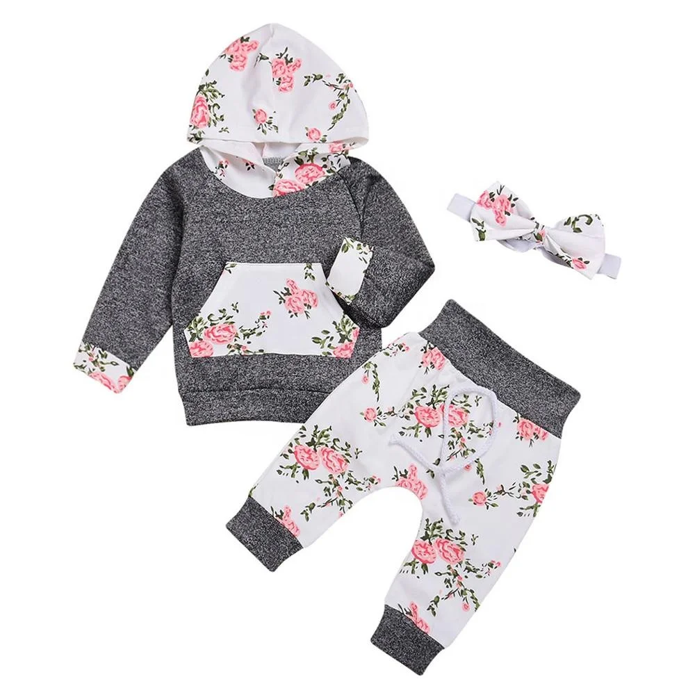 

Baby Girls Long Sleeve Flowers Hoodie clothes Top And Pants Out Fit With Kangaroo Pocket