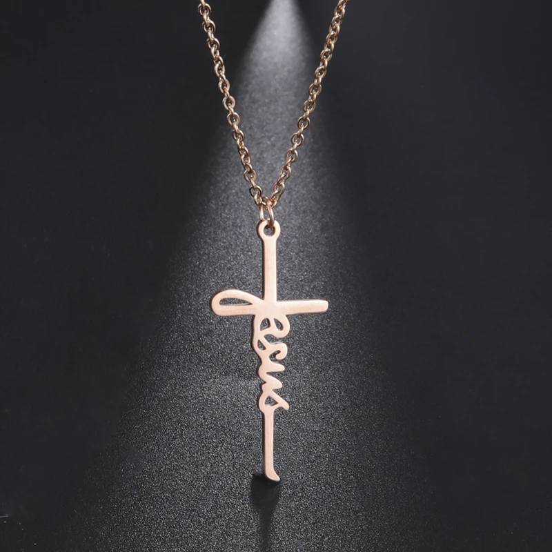 

Stainless Steel 18k Gold Plated Jesus Cross Christ Necklace Male Dainty Cross Faith Strength Pendant Necklace Hope Cross Pendant