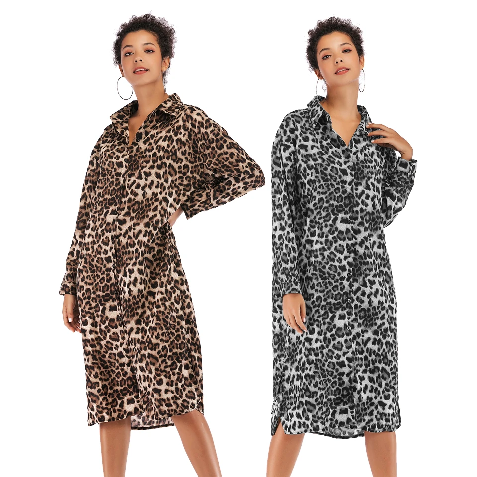 

2021 Casual Dresses Women Long Sleeve Leopard Button Down Shirts Dress Woman Loose Printed Maternity Dress Wholesale