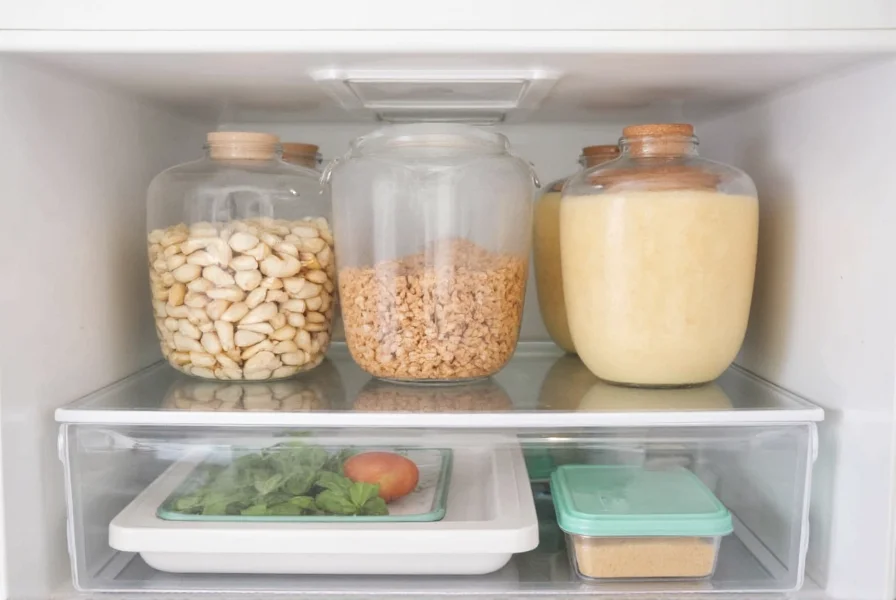 Proper storage methods for galangal and substitutes showing containers in refrigerator
