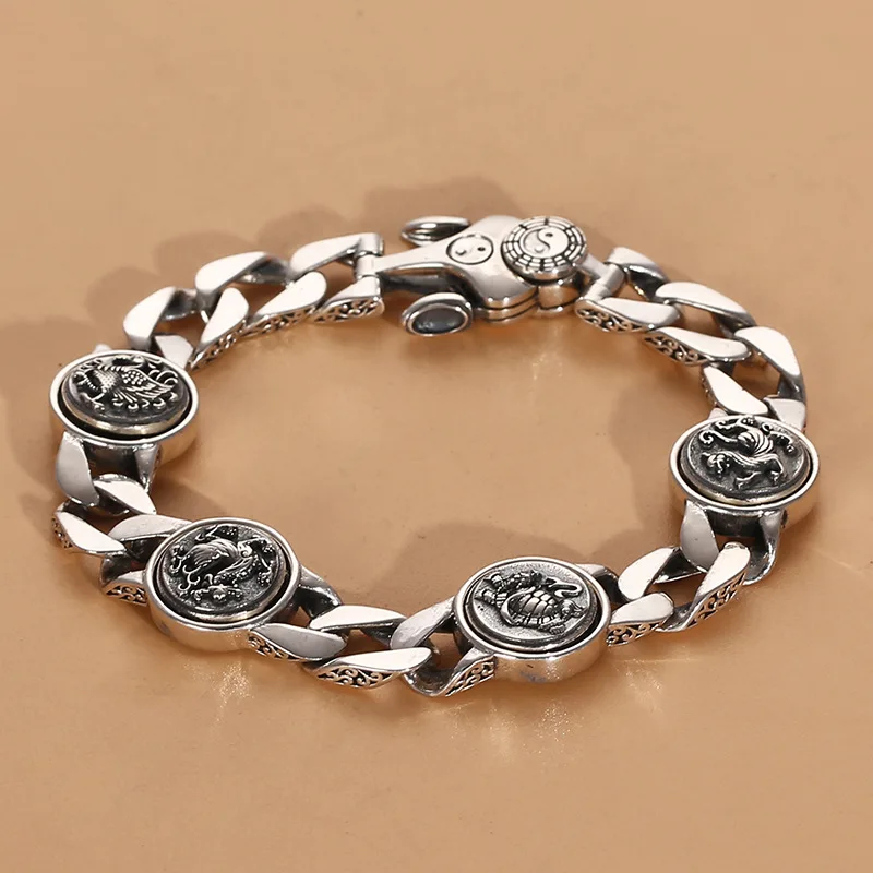 

S925 Sterling Silver Vintage Bracelet for Men Ethnic Style Four Beasts Gossip Cuban Men's Fashion Domineering Punk Rock Jewelry