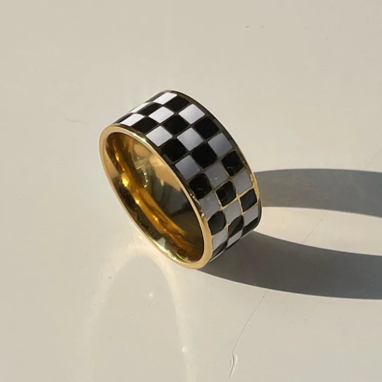 

Wholesale Custom Stainless Steel 18K Gold Plated Enamel Black and White Grid Chess Checkerboard Lattice Ring