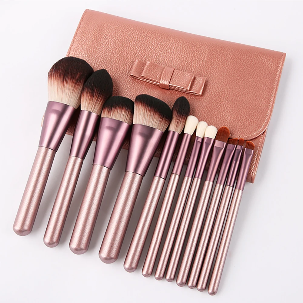 

12pcs set micro whiskers small grape makeup brushes private label foundation cosmetic brushes leather bag makeup tool, Pink