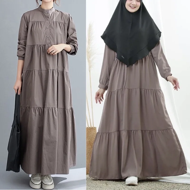 

slanna female casual a line muslim abaya long sleeve solid modest women maxi long dresses
