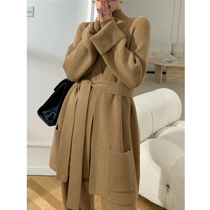 

2022 New Designs Elegant Knit Sweater Cardigan And Long Pants Women Casual 3 Pieces Set
