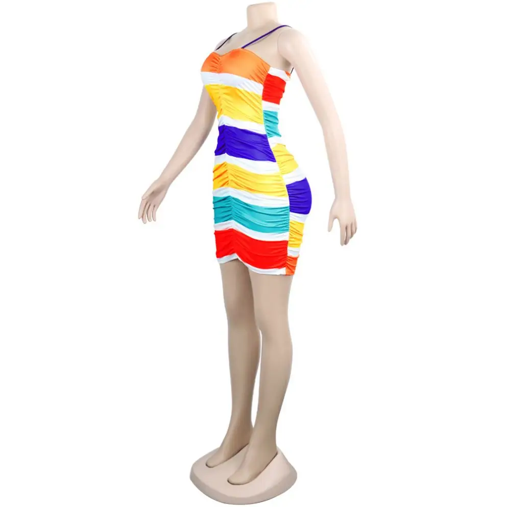 

8789 Fashion rainbow colors women halter ruffle sexy bodycon summer mini dresses