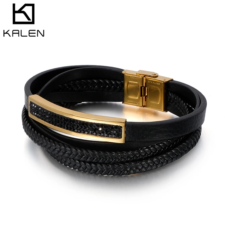 

KALEN Multi-Layer Leather Bracelet Vintage Black Titanium Steel Bracelets