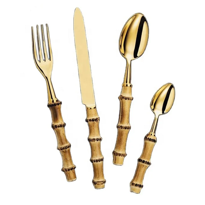 

20pcs mirror shiny golden forged flatware bamboo handle design cutlery set for rental wedding silverware, Rose gold