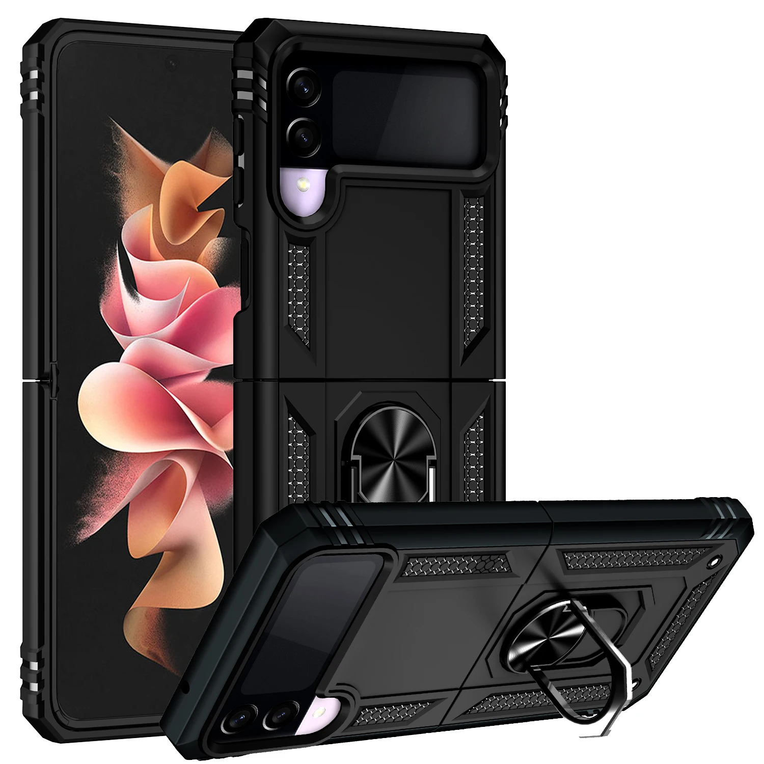 

360 full protection shockproof bumper phone case For samsung z flip 3 metal finger ring holder phone case For samsung z flip 2, Blue/red/black dark green /gold/sliver/rose gold