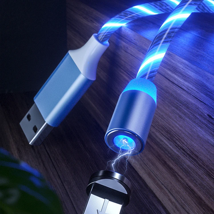 
3 in 1 Self Wrapping Portable Easy-Coil Self Winding Magnet Cable LED Flowing Light Magnetic Charging Cable 