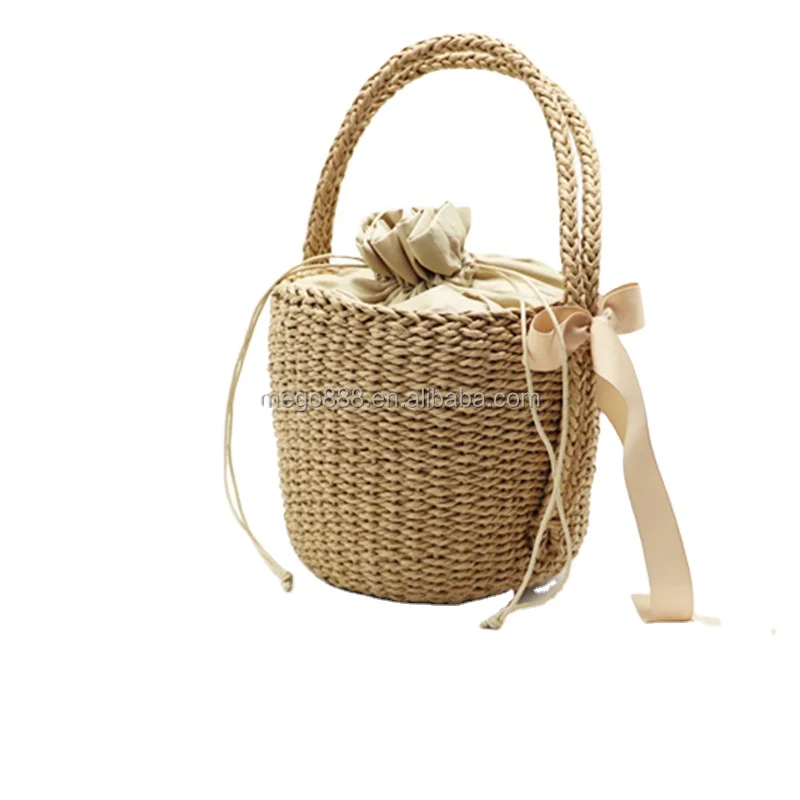 

Factory small woven bucket straw bags ladies handmade handbags with bow silk ribbon, Customizable