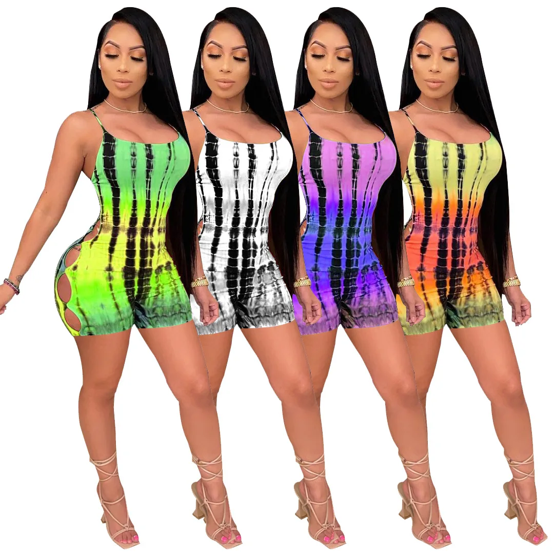 

Cut Out Stacked Pants Jumpsuits Bodycon Sportswear Strap Hole Women Overalls Tie Dye Casual Street Style One Piece Romper, White/yellow/green/purple