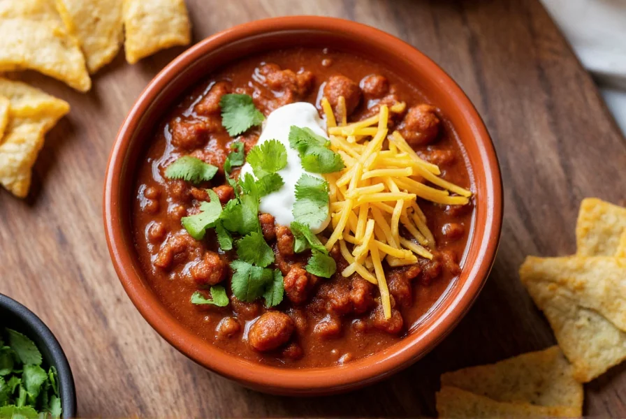 Serving presentation of darn good chili in bowl with toppings including sour cream, cheese, and fresh cilantro