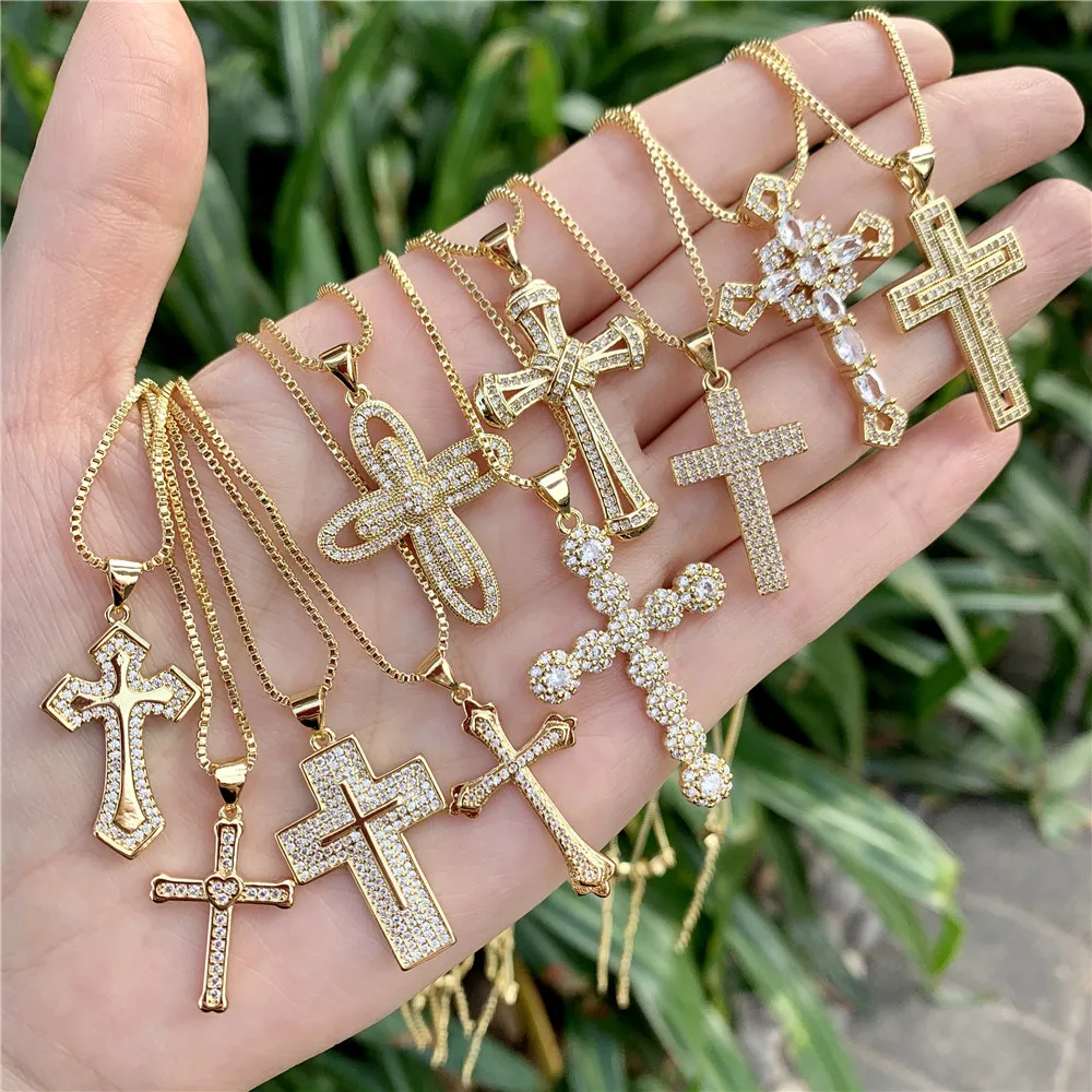 

LS-B1697 Amazing cz micro pave necklace clear quartz cross charm necklace religion necklace women men jewelry, As is