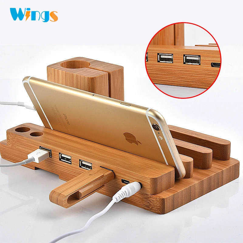 

Wings 4 Ports Wooden Charging Dock Station Holder,bamboo desk organizer with phone, smartwatch, pen pad holder