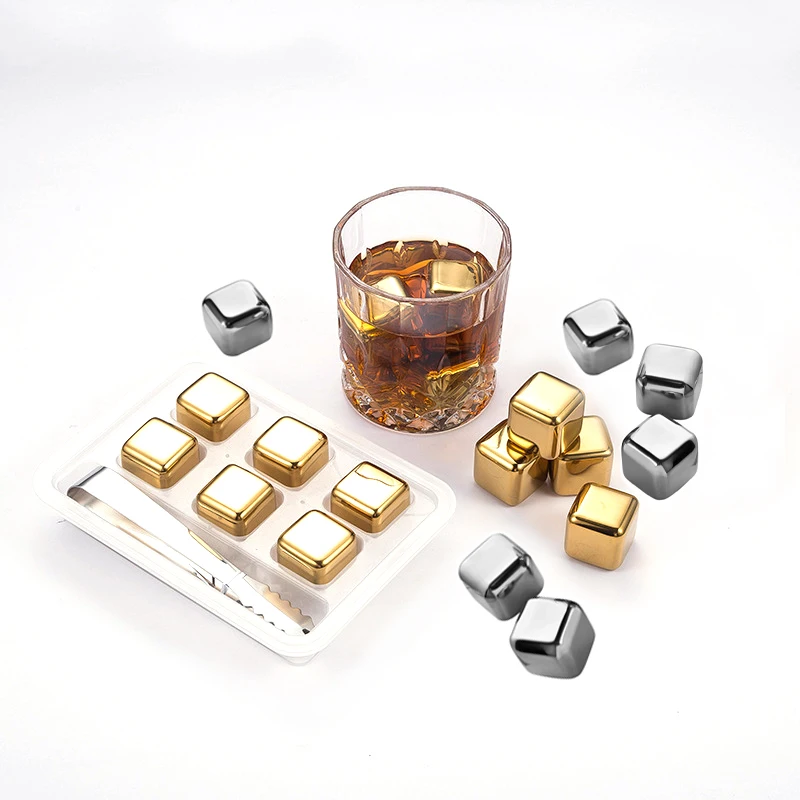 

Summer Hot Sale Reusable Ice Cube Set Metal Whiskey Wine Stones Gold Stainless Steel Ice Cubes, Silver,gold