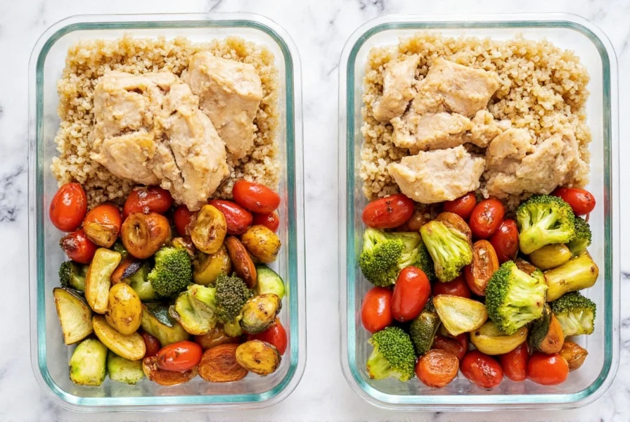 Meal prep containers with lemon pepper chicken, quinoa, and roasted vegetables arranged neatly