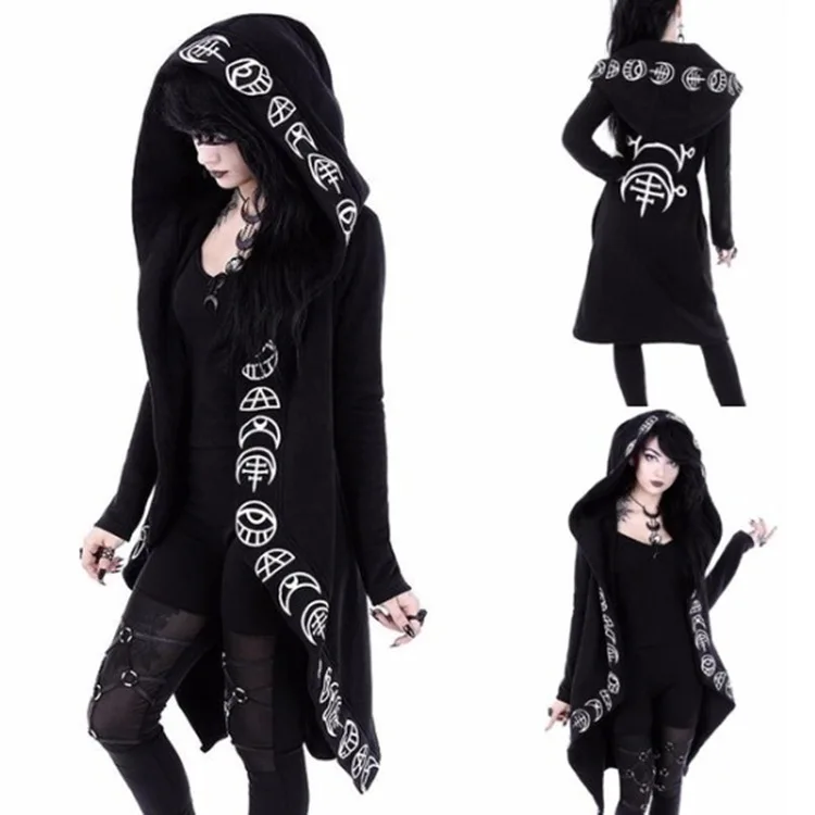 

Gothic Punk Black Long Women Hoodies Sweatshirts 2022 Autumn Moon Print Long Sleeve Hoodie Women Loose Coat Hooded Sweatshirt
