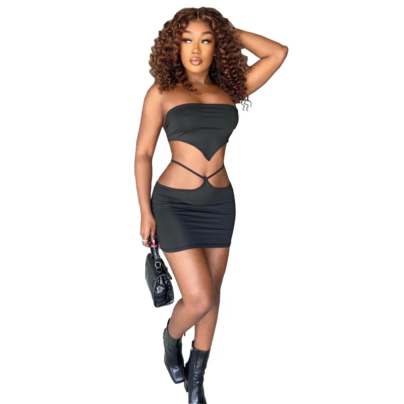 

Women's sexy tube top umbilical short skirt short pants two piece fashion bandage halter skirt short set, Picture