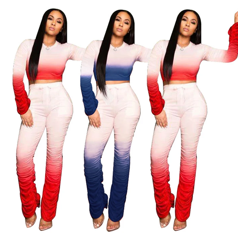 

Women 2 Piece Set Clothing Gradient Color Pleated Stacked Pants Long Sleeve Two Piece Matching Set Tracksuit Outfits For Ladies