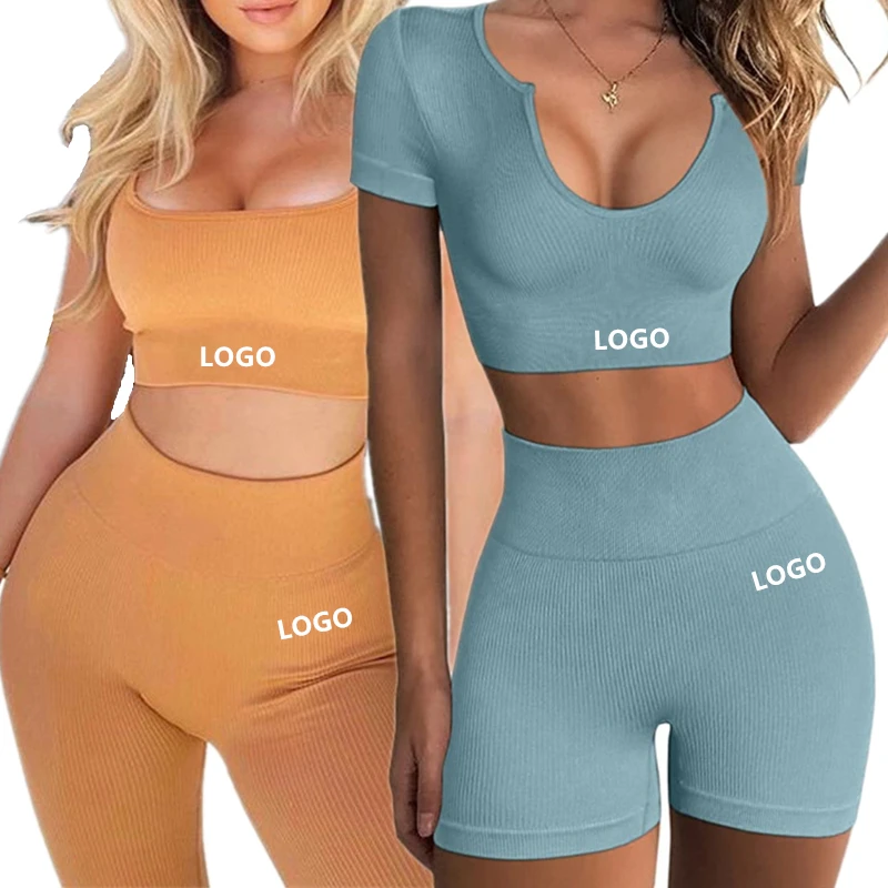 

Seamless Ribbed Workout Set Women Clothing Active Wear Gym Fitness Crop Top High Waist Shorts And bra 2 Pieces Set Sport Apparel