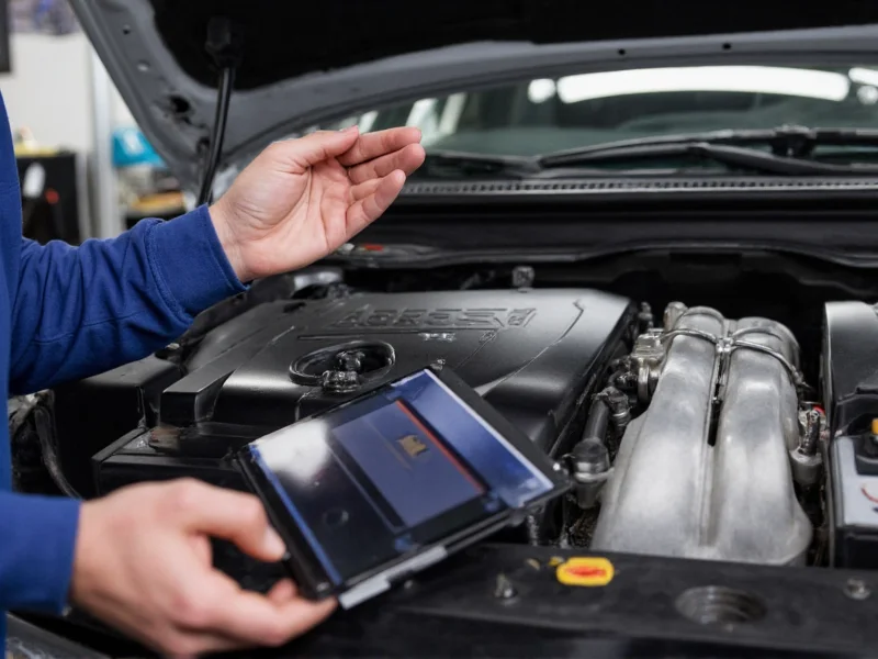 Mechanic using tablet with AllData DIY during engine repair