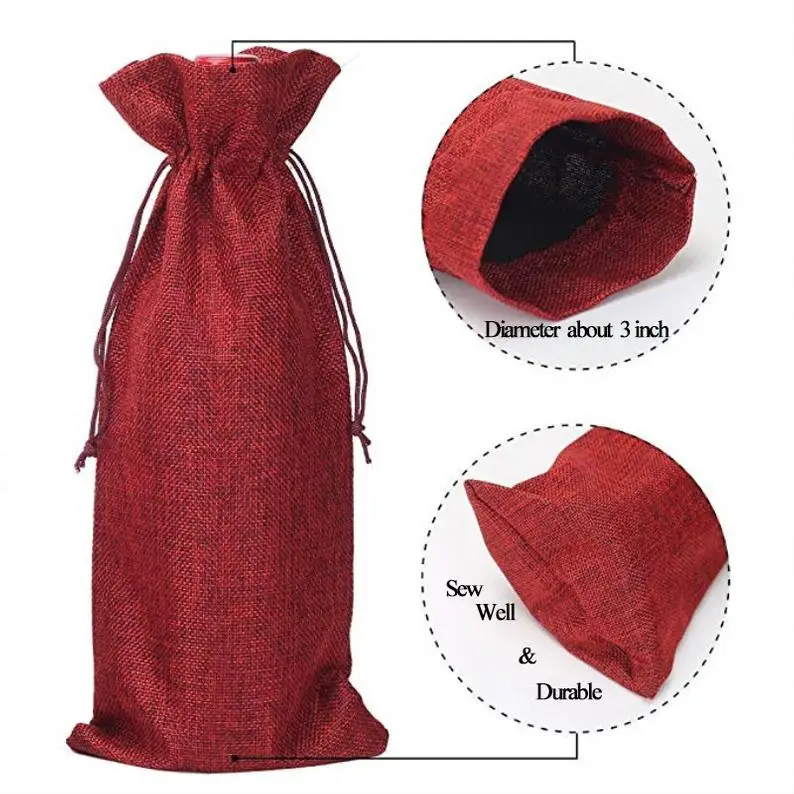 GF-JT2013  linen Drawstring Christmas Wedding Party Reusable gift bags Rustic Jute Burlap Wine Bags Drawstring Wine