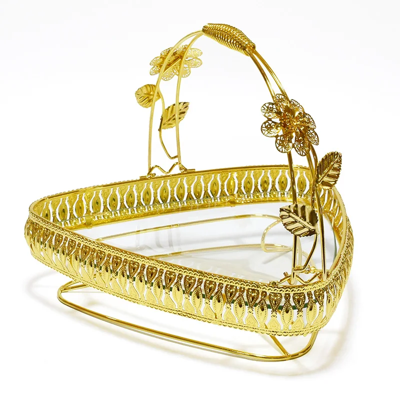 

Hot sale on Amazon chinese traditional fruit basket New strange shape Portable Glass panel fruit basket, Gold