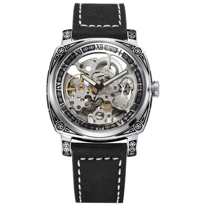 

2021 new design low MOQ skeleton automatic man wrist watches with engraved custom design