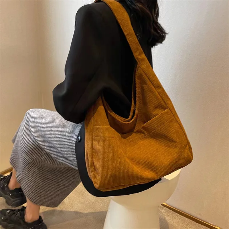 

Hot Sale In Stock Corduroy Tote Bag Women's Canvas Shoulder Tote Bag Large Capacity Student Shopping Bag