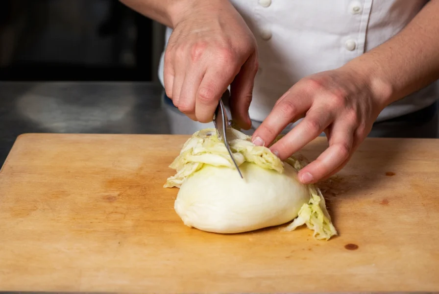 Professional chef using mandoline slicer to shave fresh fennel bulb on wooden cutting board