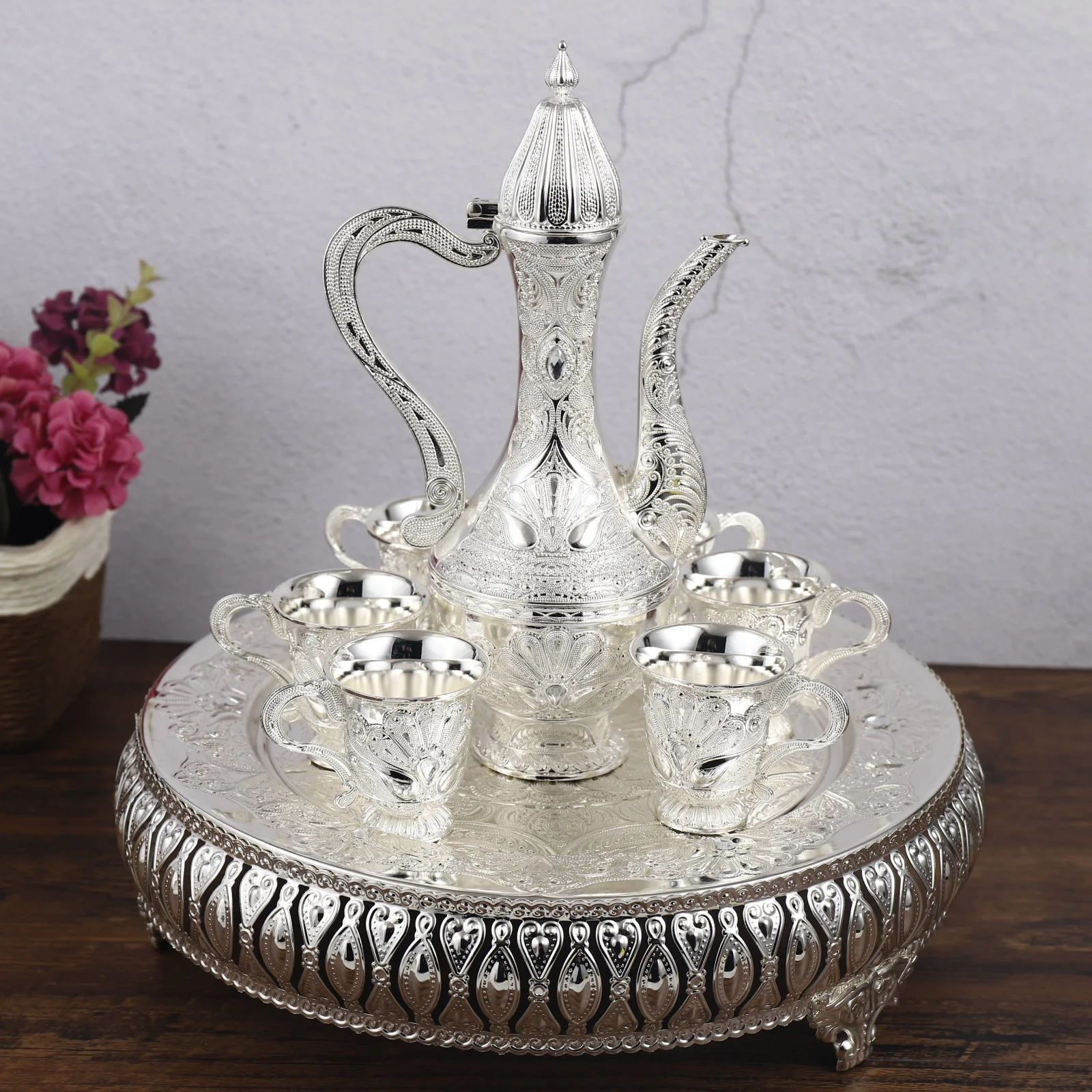 

QIAN HU Wedding Decoration Home Turkish Cast Iron Coffee Tea Silver Set Inter Crystal Stone with Teapot Tray and 6 Cups, Brozen