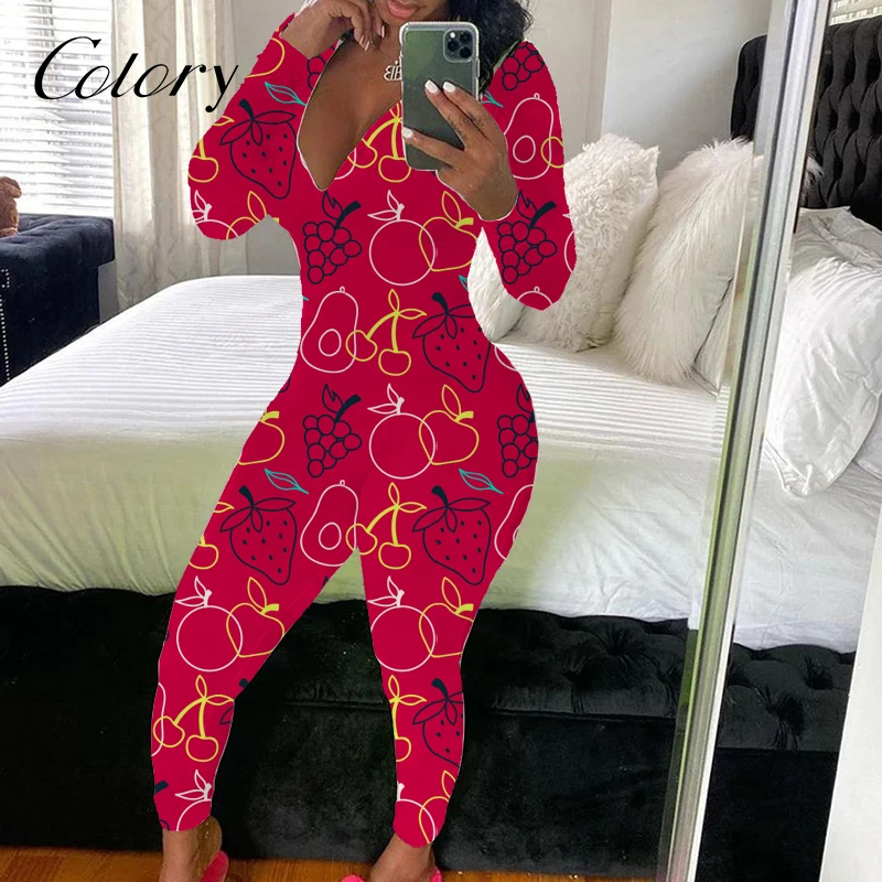 

Colory Machine Print And Cut Women Onesie Long Sleeve Sexy Rompers Hoilday Pajamas With Butt Flap, Picture shows