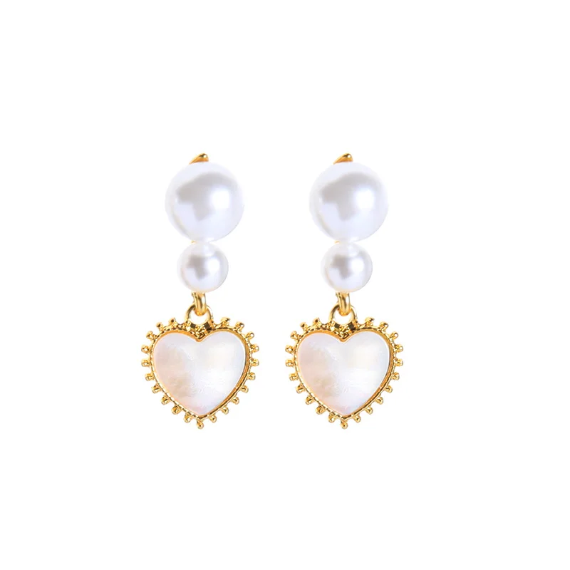 

e0530 White Wedding Jewelry Pearl Charm Heart Shape Shell Charm Pendant Earrings, Gold
