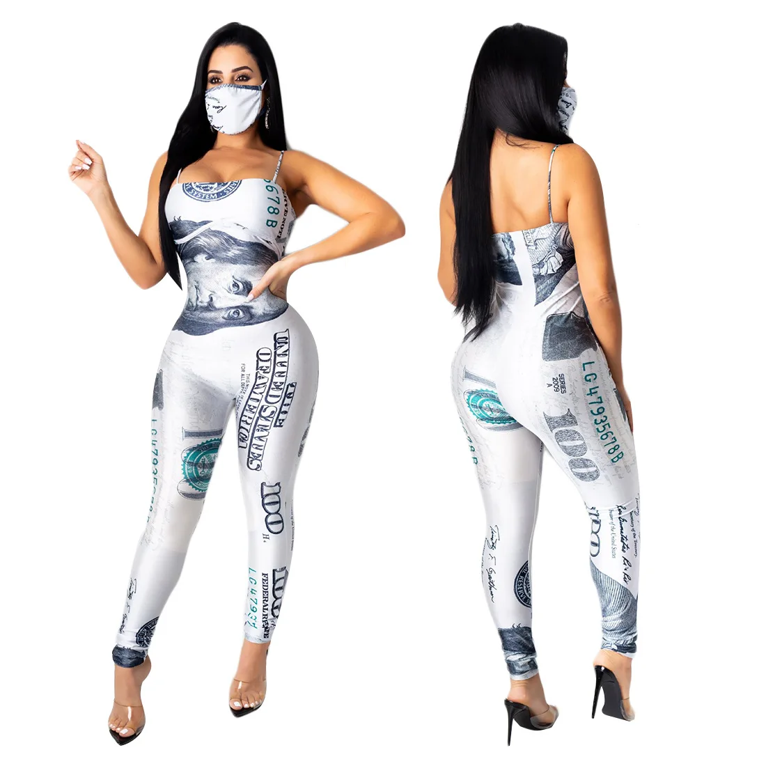 

Wholesale Attractive High Elastic Money Print Jumpsuit Sleeveless Full Length Workout One Piece for women, Picture