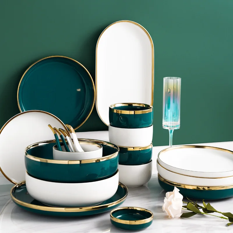 

9pcs Luxury Dinner Set Porcelain Dark Green Dinner Plate and Bowl Set With Gold Rim
