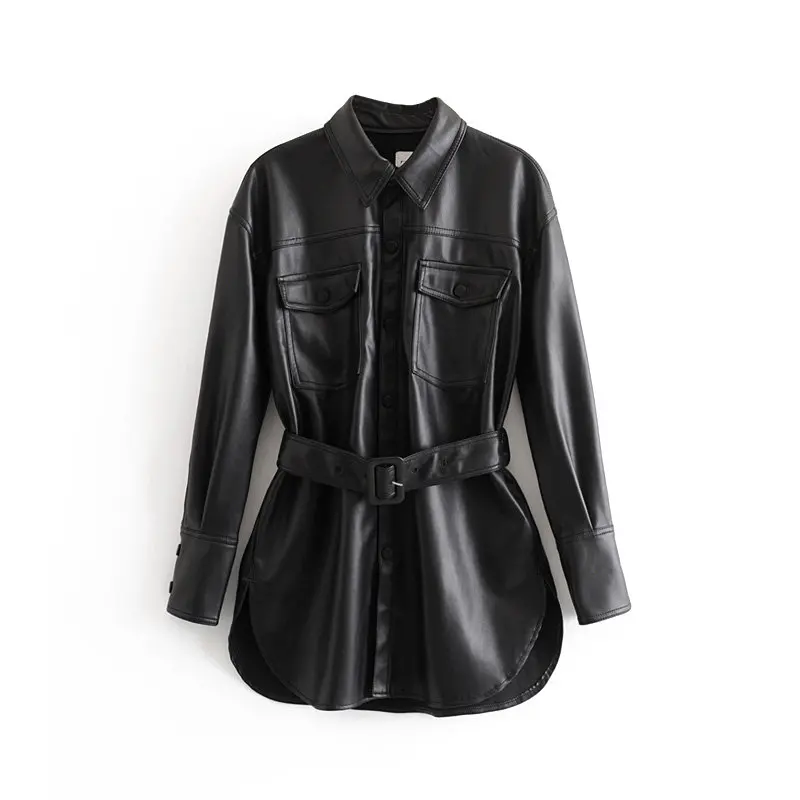 New design beautiful casual loose women long belted leather jacket