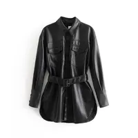 

New design beautiful casual loose women long belted leather jacket