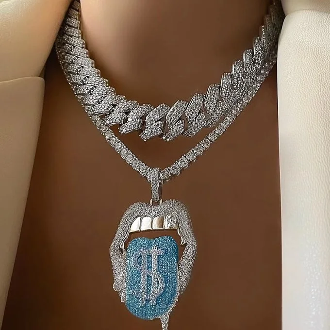 

New Micro Pave 5A Cubic Zirconia CZ Iced Out Bling Women Jewelry Tennis Chain Tongue Dollar Lip Pendant Necklace