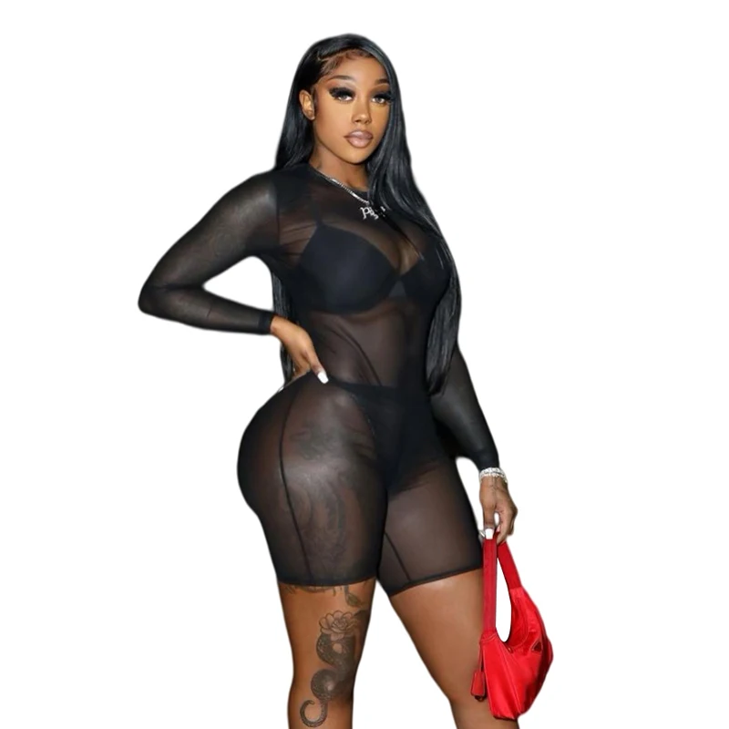 

K21Q10567 Fashion Solid Color Mesh See-Through Bodycon Jumpsuit Long Sleeve O-Neck Zipper Women Sexy Midnight Jumpsuit