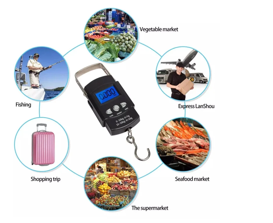 50kg/110lb Digital Electronic Luggage Scale Portable Suitcase Scale Handled Travel Bag Weighting Fish Hook Hanging Scale