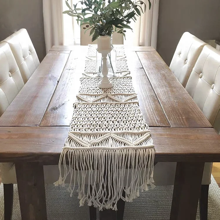 

Macrame art handmade dining table mat white table runner, White or customized