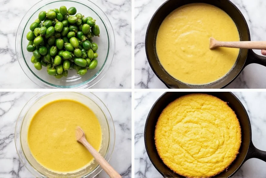 Step-by-step photos showing jalapeno preparation, batter mixing, and cornbread baking process in cast iron skillet