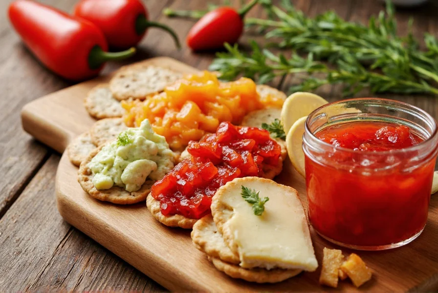 Artistic arrangement of red pepper jelly with assorted cheeses, crackers, and fresh herbs on wooden board