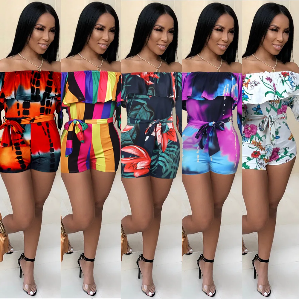 

New M04525 - fashion printed half sleeve sashes women rompers