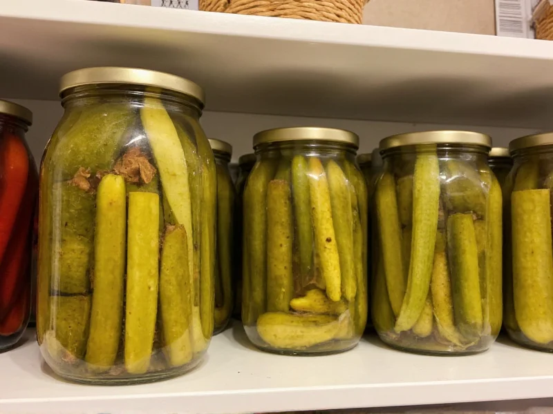 Properly stored homemade pickles in pantry