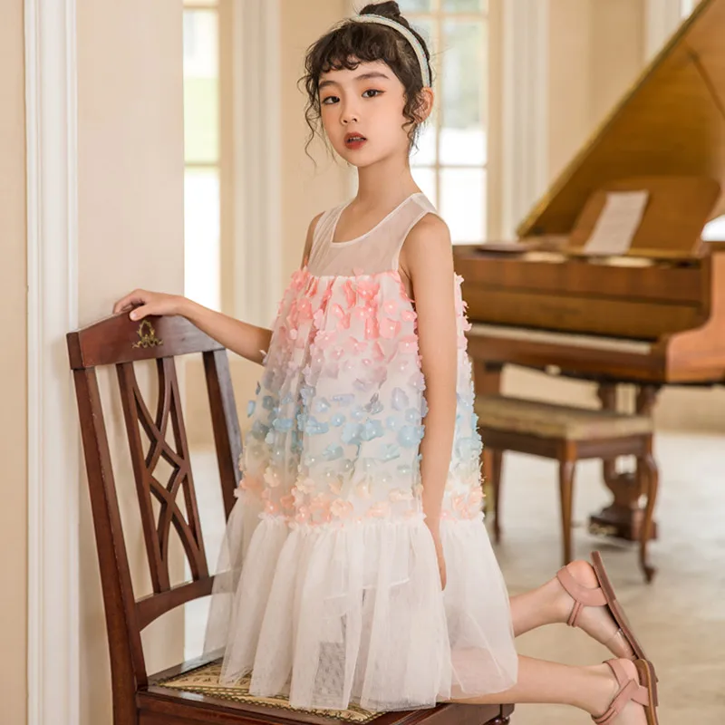

Rainbow color girls dress lace skirt sleeveless small fresh home little girl dress 3-12 years old